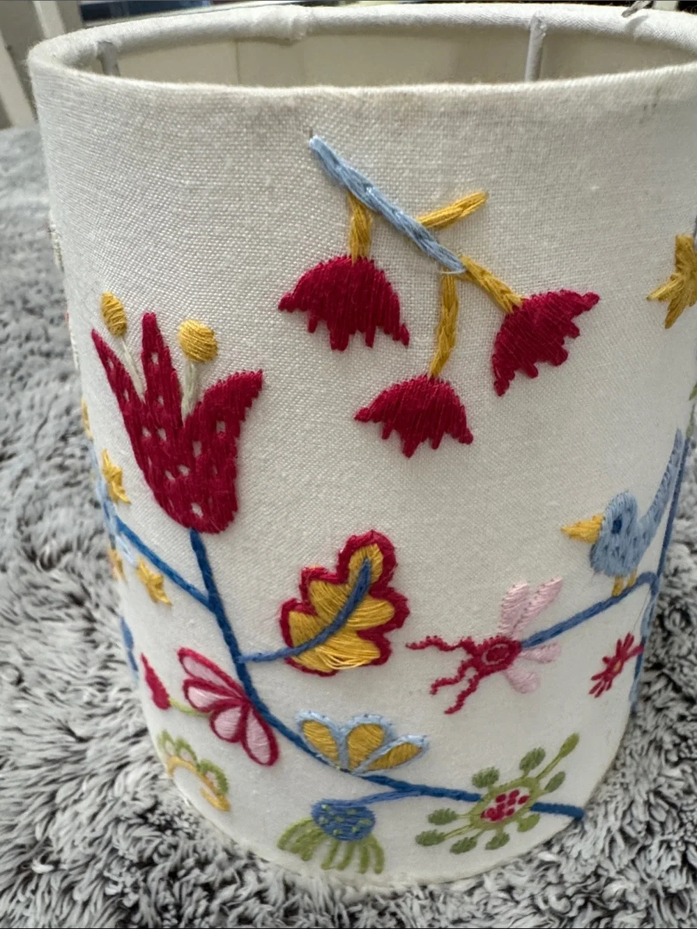 IKEA Alfhild Fägel White Embroidered Folk Art Lampshade Floral Bird 6” Height